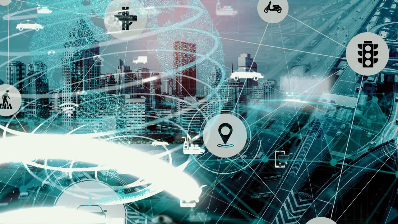 뉴이시 시 도로에서 미래의 자동차 교통을 위한 스마트 교통 기술 개념