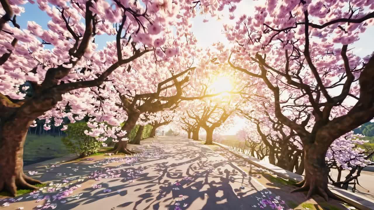 A mesmerizing video still of a sunlit cherry blossom path. Captured from a low angle, the scene