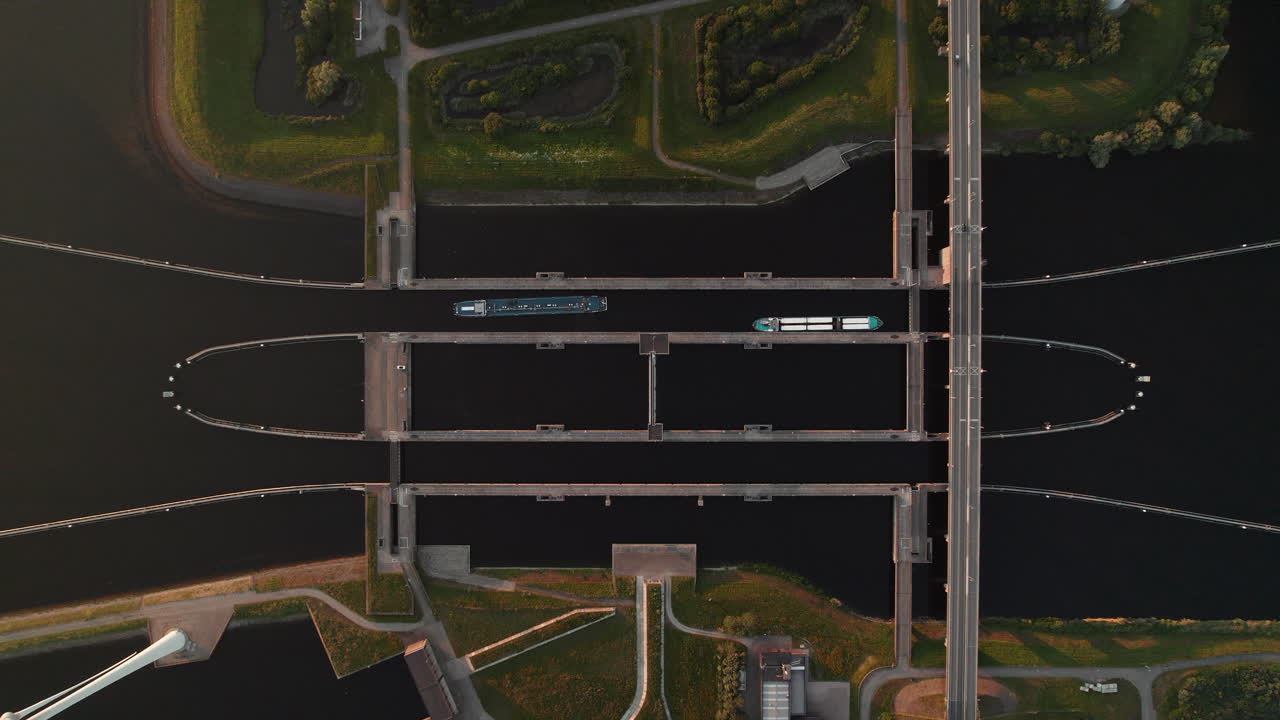Krammersluizen, Krammer Locks Part of the Delta Works In Zeeland, The Netherlands. Aerial Topdown Shot