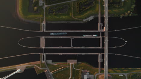 krammersluizen, krammer locks part of the delta works in zeeland, the netherlands. aerial topdown shot