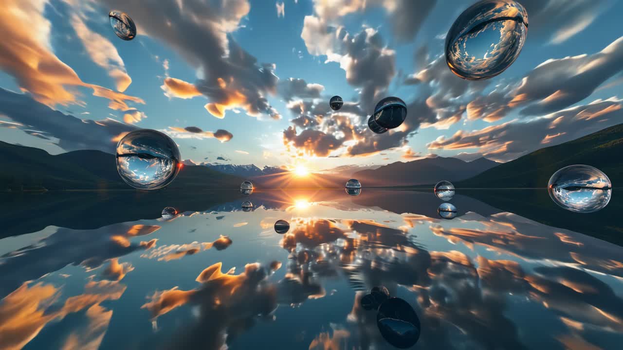 Sunrise Over a Mountain Lake with Floating Spheres