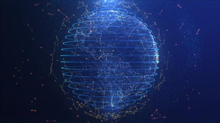 Earth on Digital Network background. BIG DATA 3D EARTH. Beautiful Global Business Network Rotating in Space. Scientific technology data network surrounding planet.