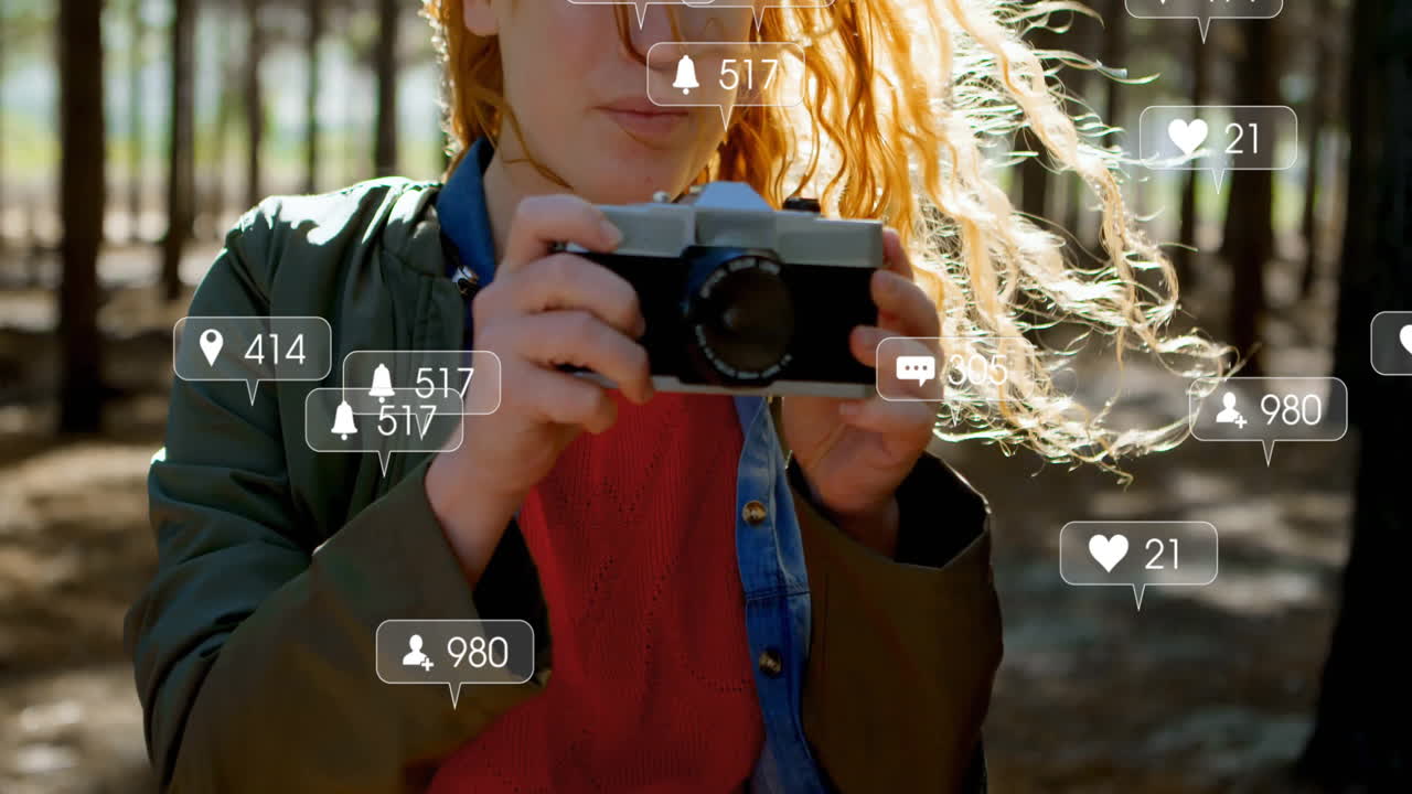 female photographer capturing forest scene, showing social media icons with location pin and likes