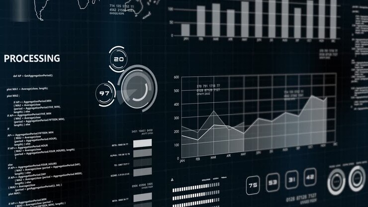 Futuristic graph chart and analysis indicator graphic user interface, finance business investment and big data digital technology AI concept.