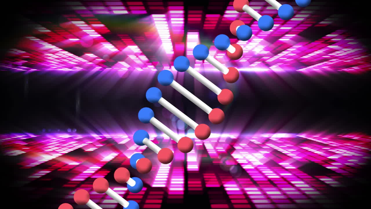dna 가닥이 회전하는 애니메이션, 스포트라이트와 분홍색  ⁇ 박이는 파티 조명