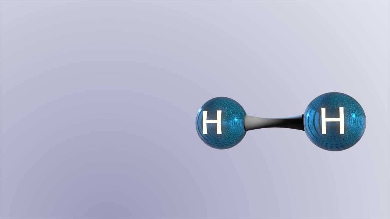 High quality CGI render of a scientific molecular model of a hydrogen molecule, with space on the left of screen to add information or data