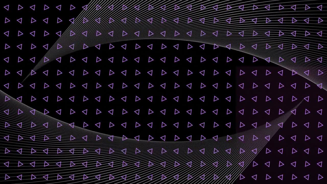 animación de paneles de líneas blancas curvas flotantes, sobre una cuadrícula de triángulos púrpuras giratorios, en negro