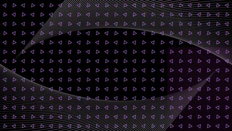 animación de paneles de líneas blancas curvas flotantes, sobre una cuadrícula de triángulos púrpuras giratorios, en negro