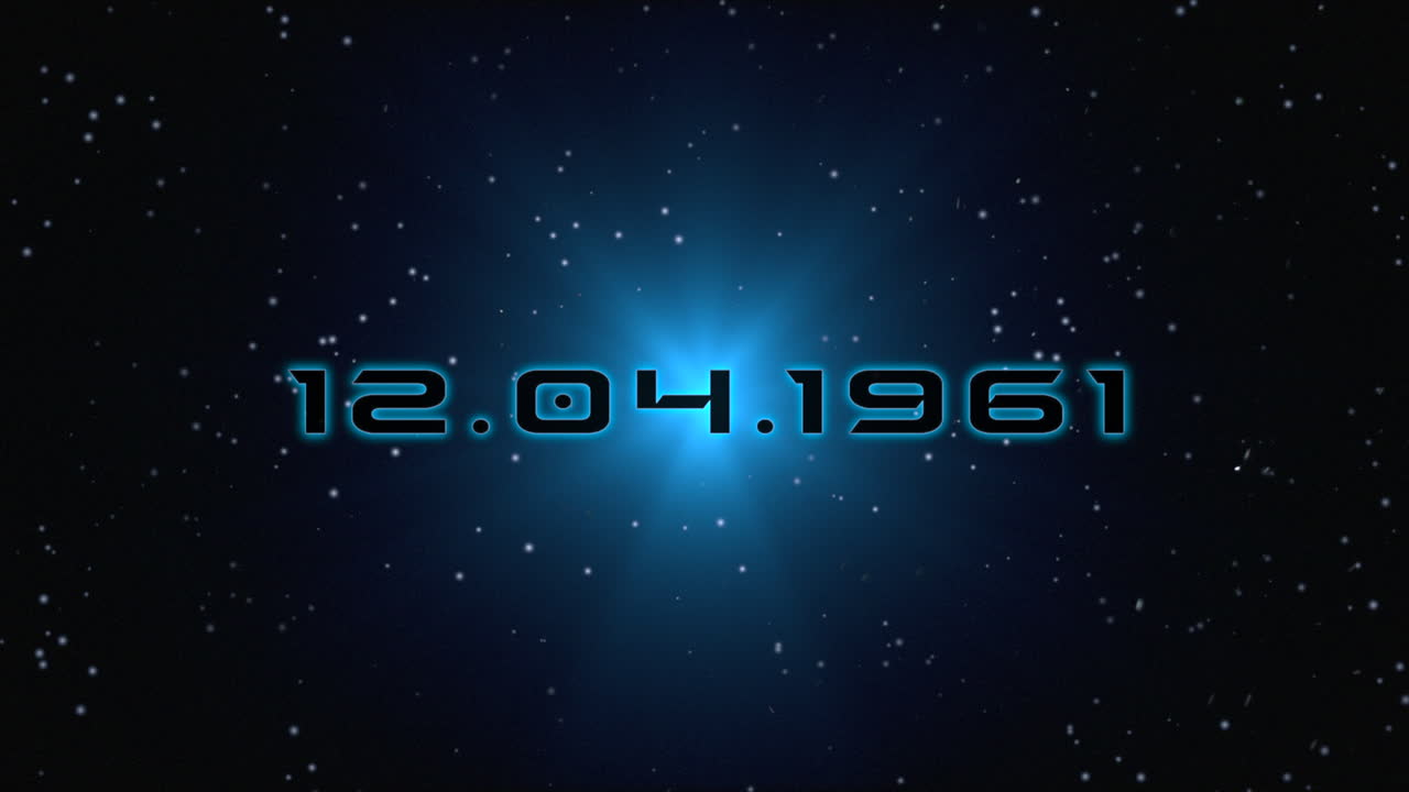 12 April 1961 text with radiant blue light illuminates dark background