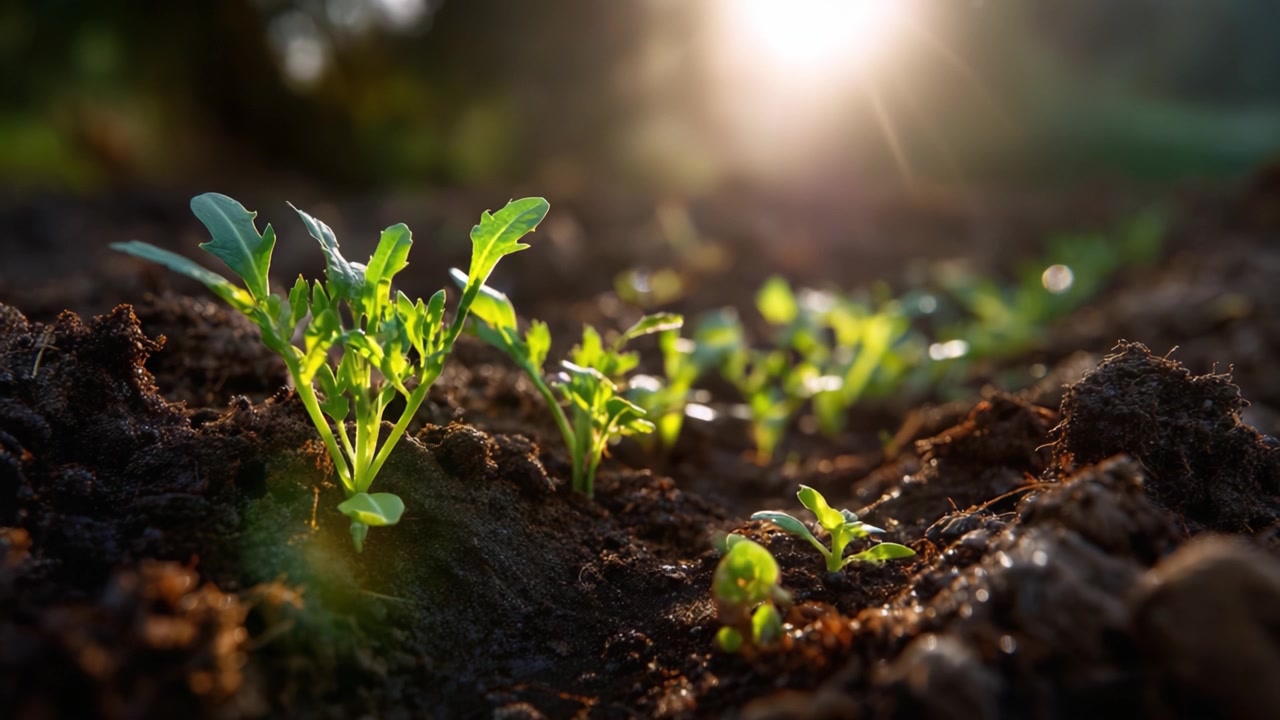 Vibrant Green Seedlings Growing from Rich, Dark Soil, Illuminated by Sunlight, Symbolizing Hope and Renewal in Nature's Cycle of Life and Growth.