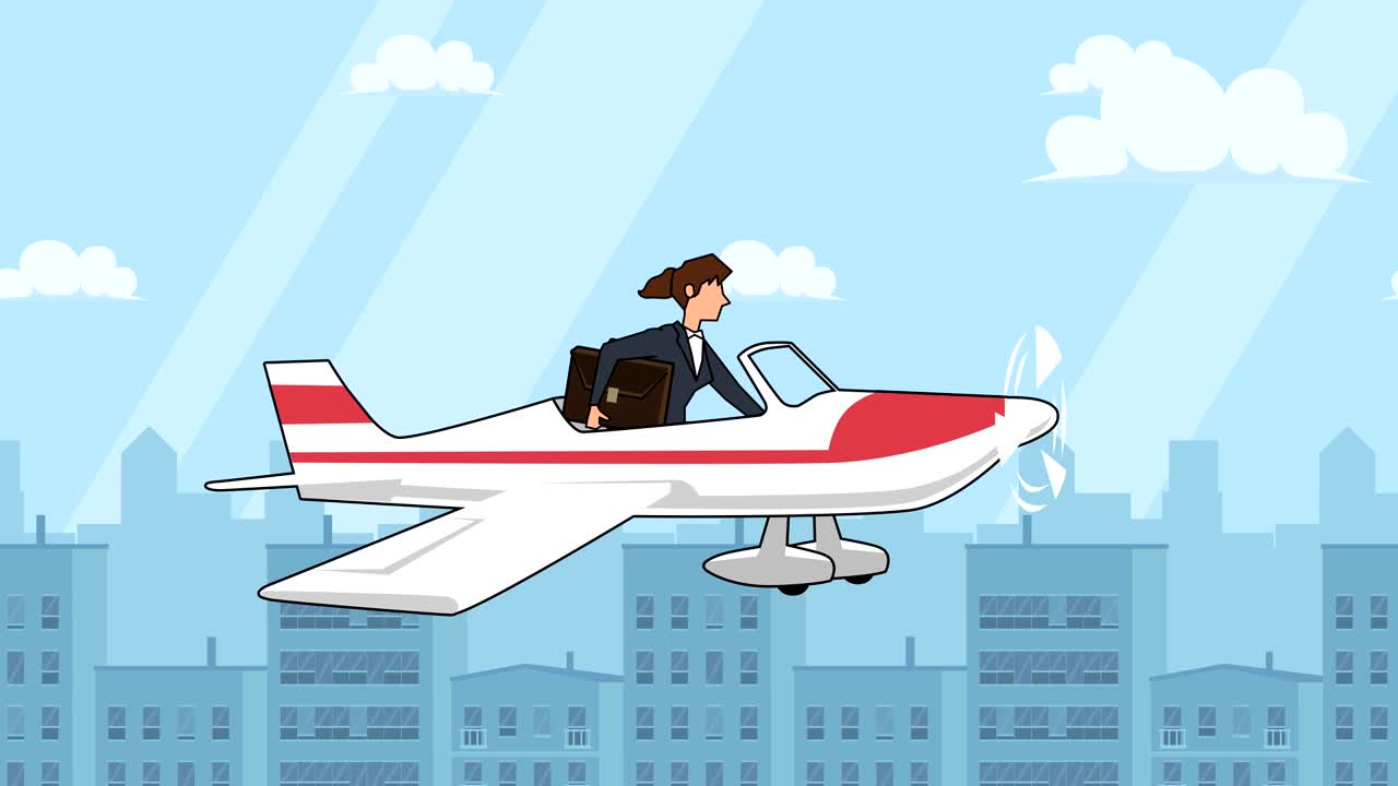 personaje de mujer de negocios de dibujos animados plano con bolsa de maleta volando en avión rojo animación de avión con alfa mate