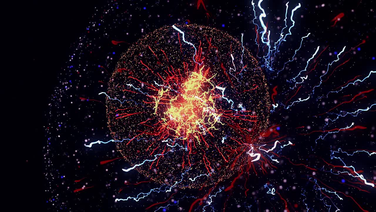 la energía mágica de la galaxia, abstracción de ciencia ficción. animación. impresionante explosión de bola de energía en fondo negro, bucle sin costuras
