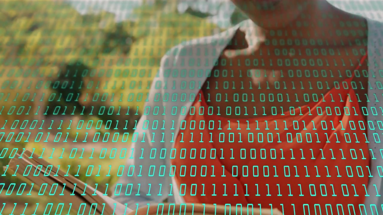 Woman tapping and swiping tablet, activating green binary overlay, exploring technology data panel