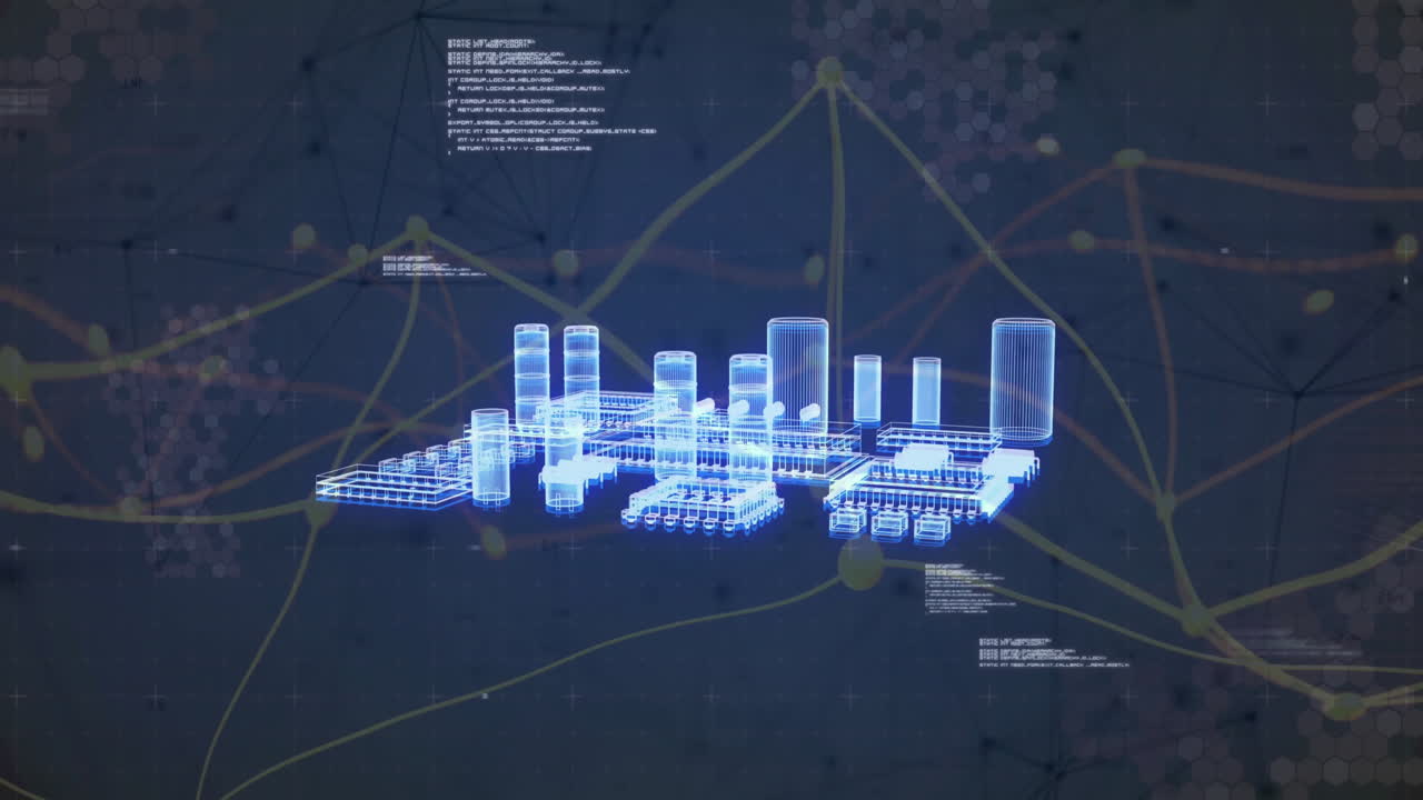 Glowing blue wireframe model floating above hex grid, linking platforms with yellow network lines