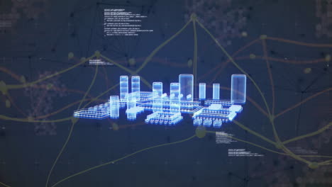 glowing blue wireframe model floating above hex grid, linking platforms with yellow network lines