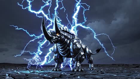 mech rhino in a storm