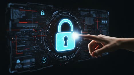 exploring digital security: a user interacts with a virtual lock interface, highlighting the importance of cybersecurity and data protection in today's technology-driven world