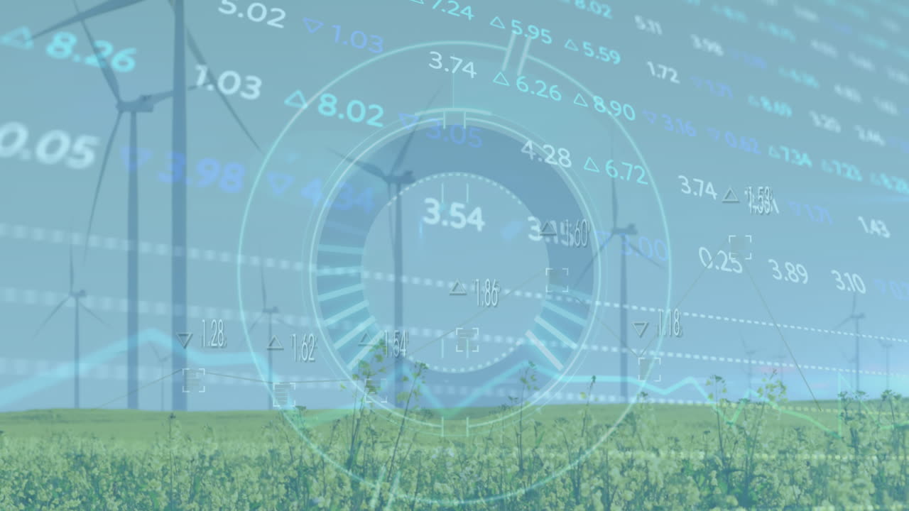 주식 시장 데이터 처리의 애니메이션과 초원에서 회전하는 풍차에 대한 둥근 스캐너