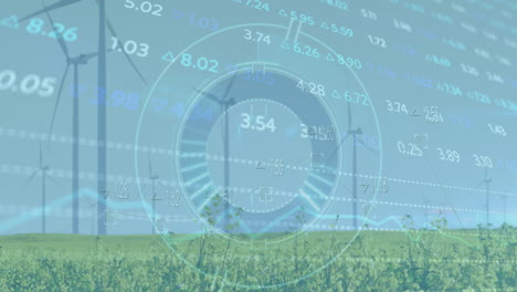 animation of stock market data processing and round scanner against spinning windmills on grassland