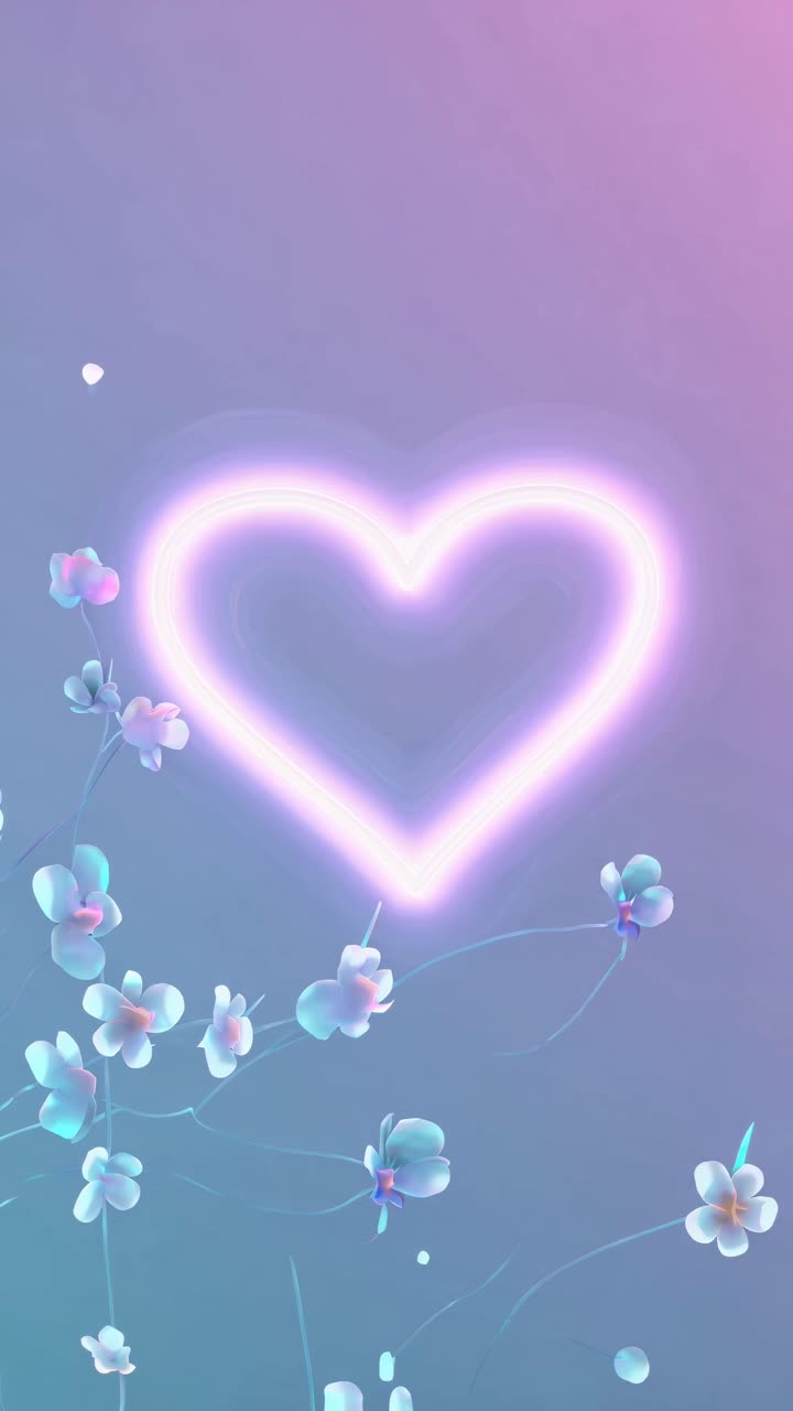 A neon heart glows amidst delicate flowers in a dreamy, pastel setting