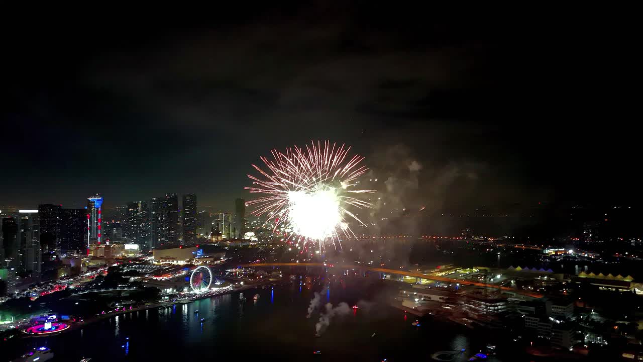 A vivid firework celebration captured above, showcasing colorful explosions painting the sky while the city glows in the background