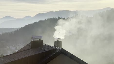 smoke rising from a chimney on a house in winter