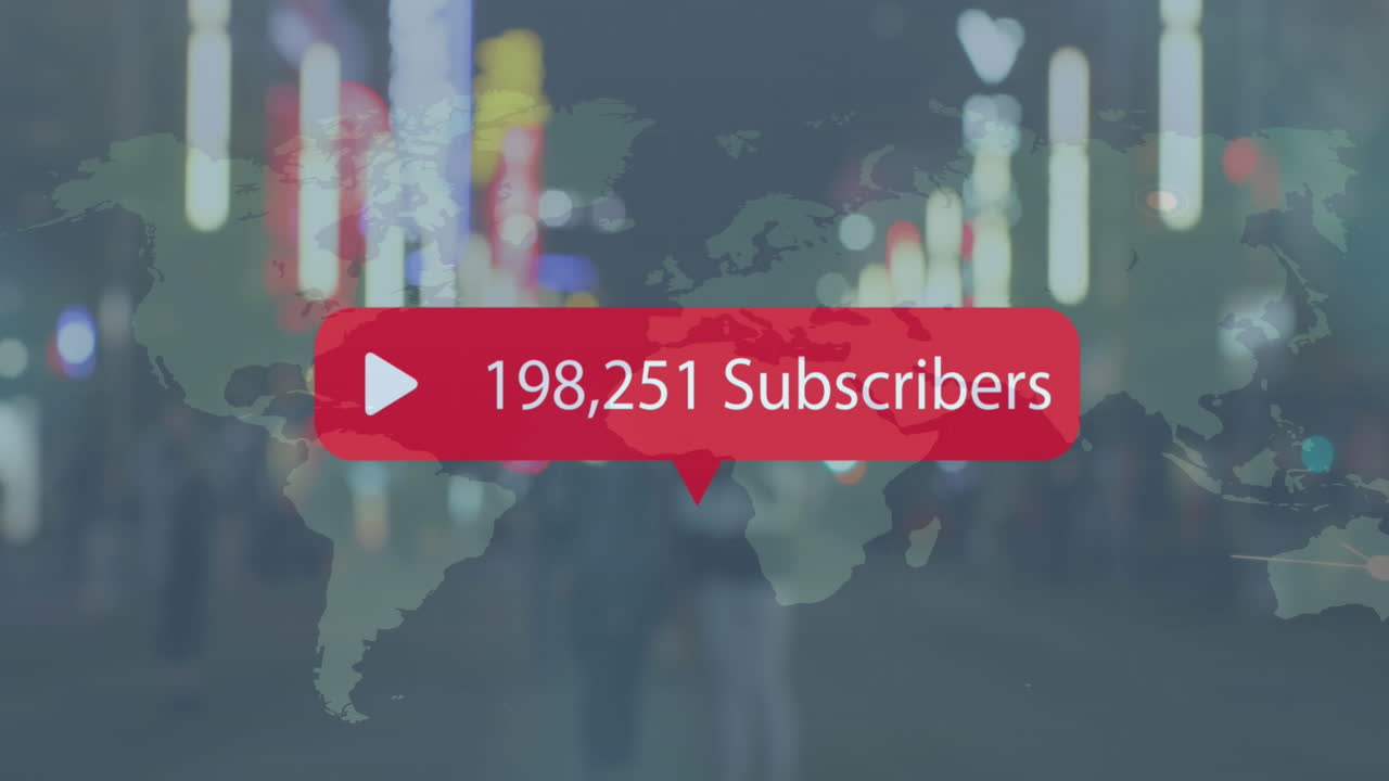 Animation of play icon with increasing subscribers over world map against people walking on street