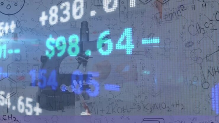 Animation of female scientist using microscope with financial data processing