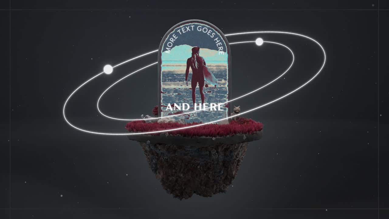 Surfer on a Floating Island with Orbiting Rings in Space