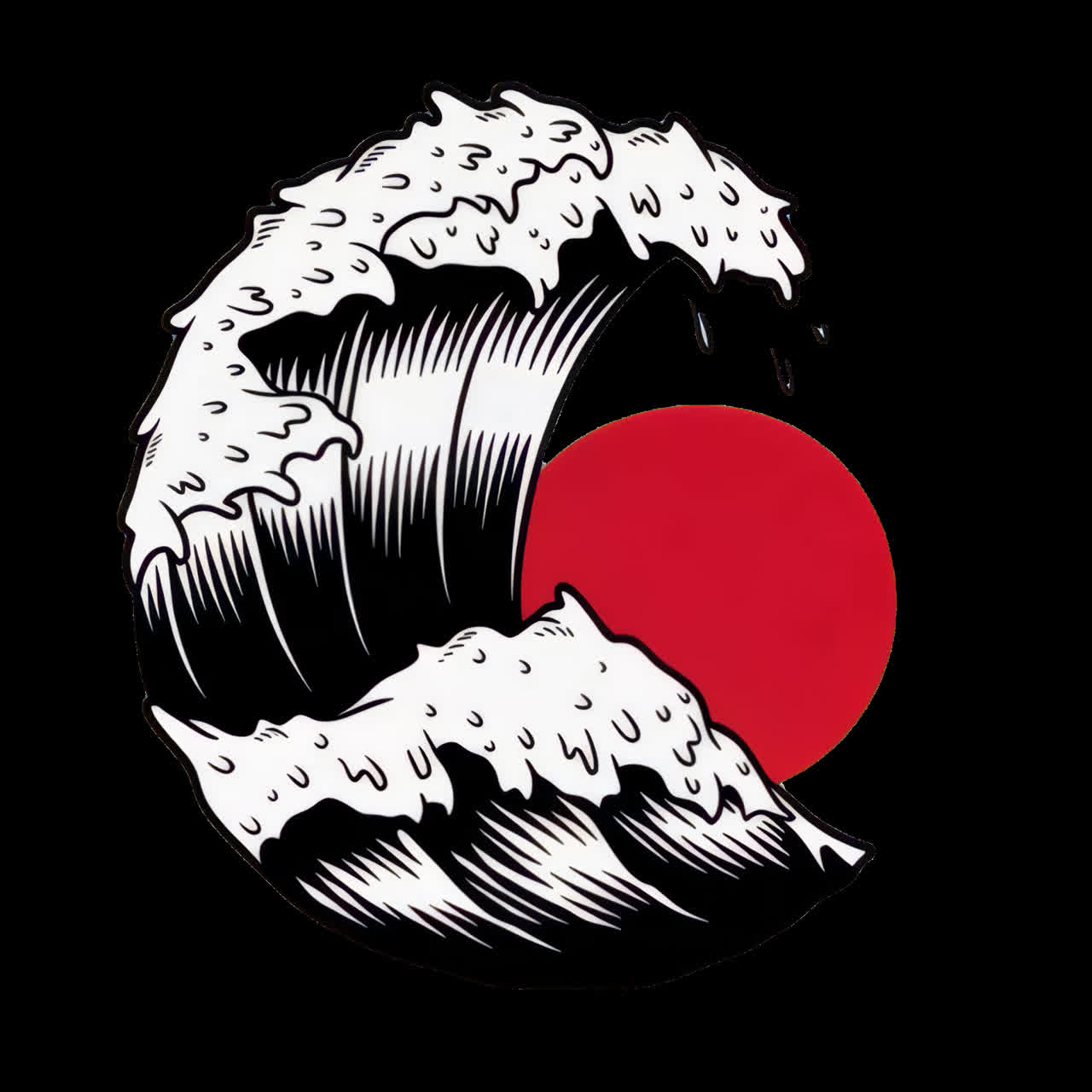 Wave art with red sun animation isolated asset, transparent 4K video, alpha channel, ProRes 4444