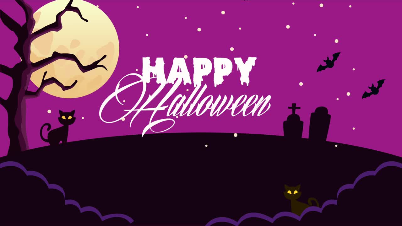 묘지에서 작은 고양이와 함께 행복한 할로윈 애니메이션 장면