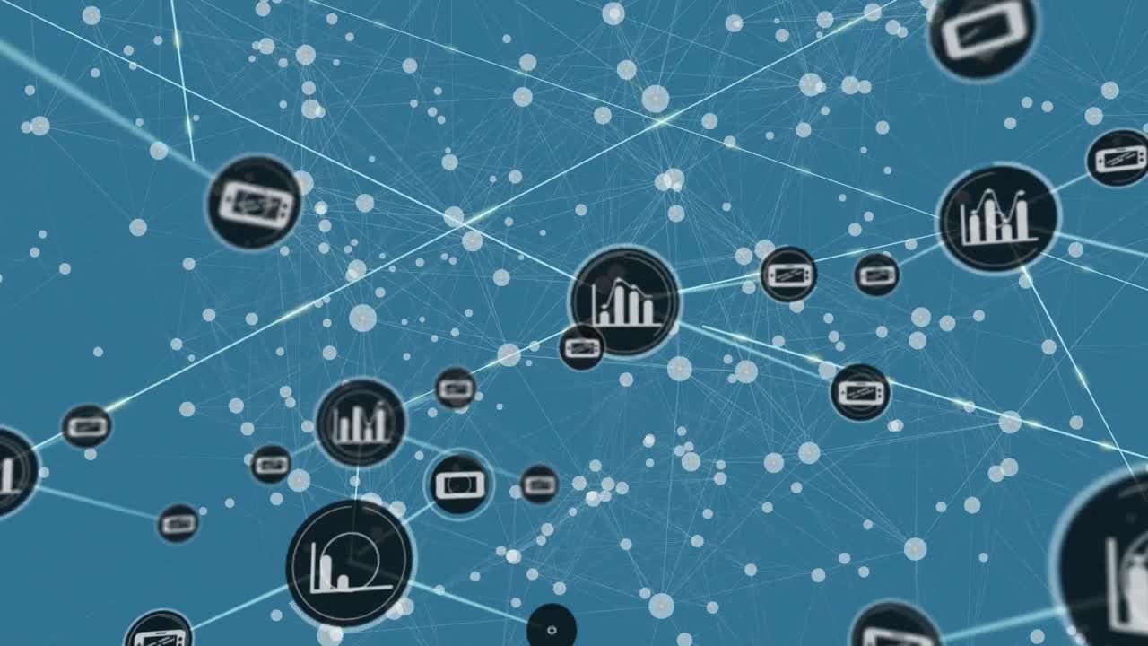 Animation of network of connections with icons over blue background with constellations