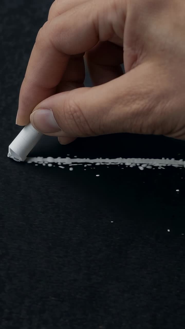 Vertical video: Drawing right hand with white chalk crossing dust trail on dark desk, making crumbs