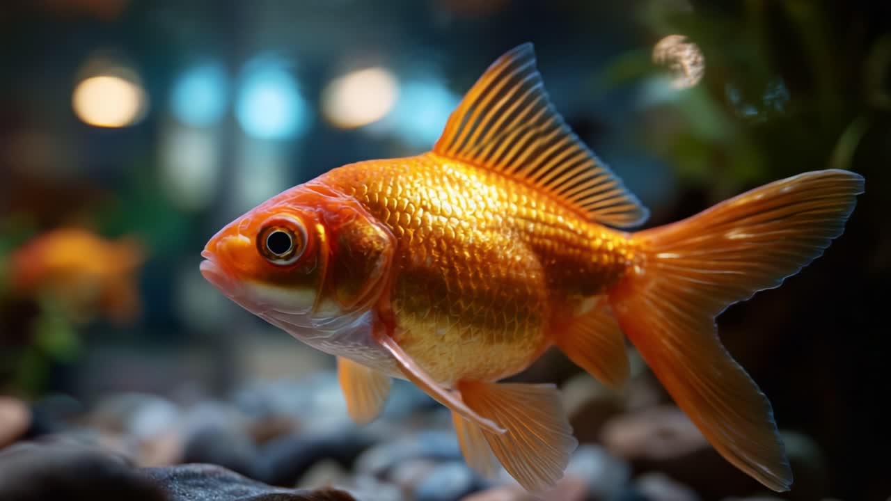 Um close-up impressionante de um peixinho dourado vibrante nadando graciosamente em um ambiente aquático, exibindo sua cor laranja brilhante e nadadeiras elegantes