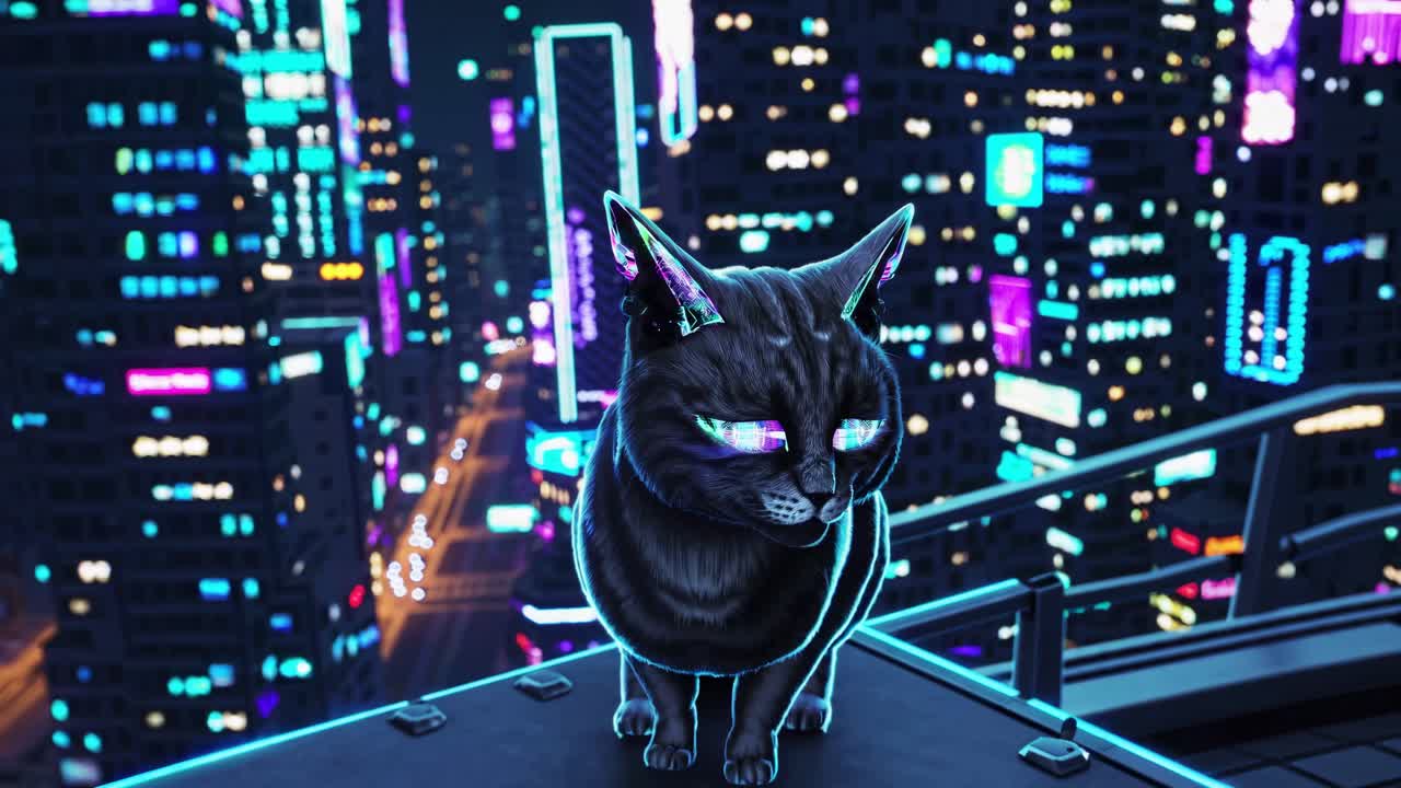 gato cyberpunk en la ciudad de neón