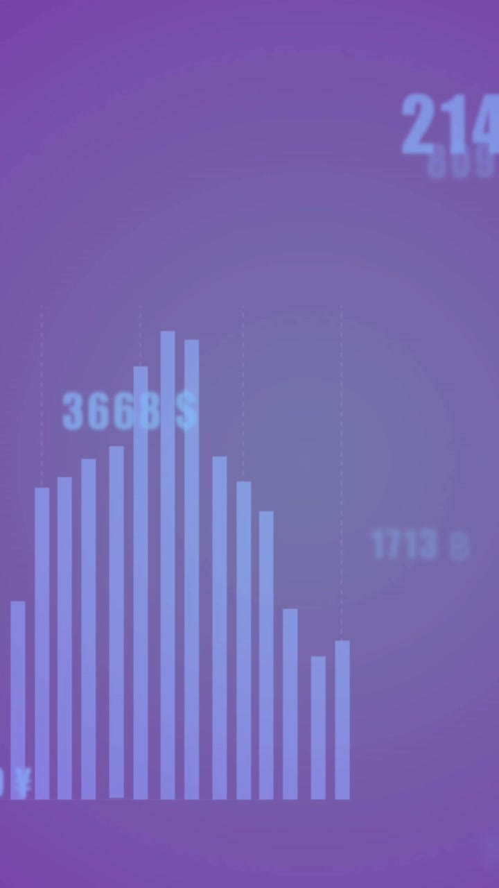 Animazione di elaborazione dati statistici su sfondo sfumato viola.