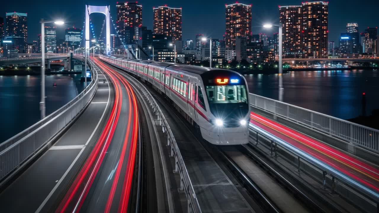 Dynamic Night Scene of Modern Train Traveling Along a Curved Track with Bright City Lights in the Background, Capturing the Essence of Urban Transportation