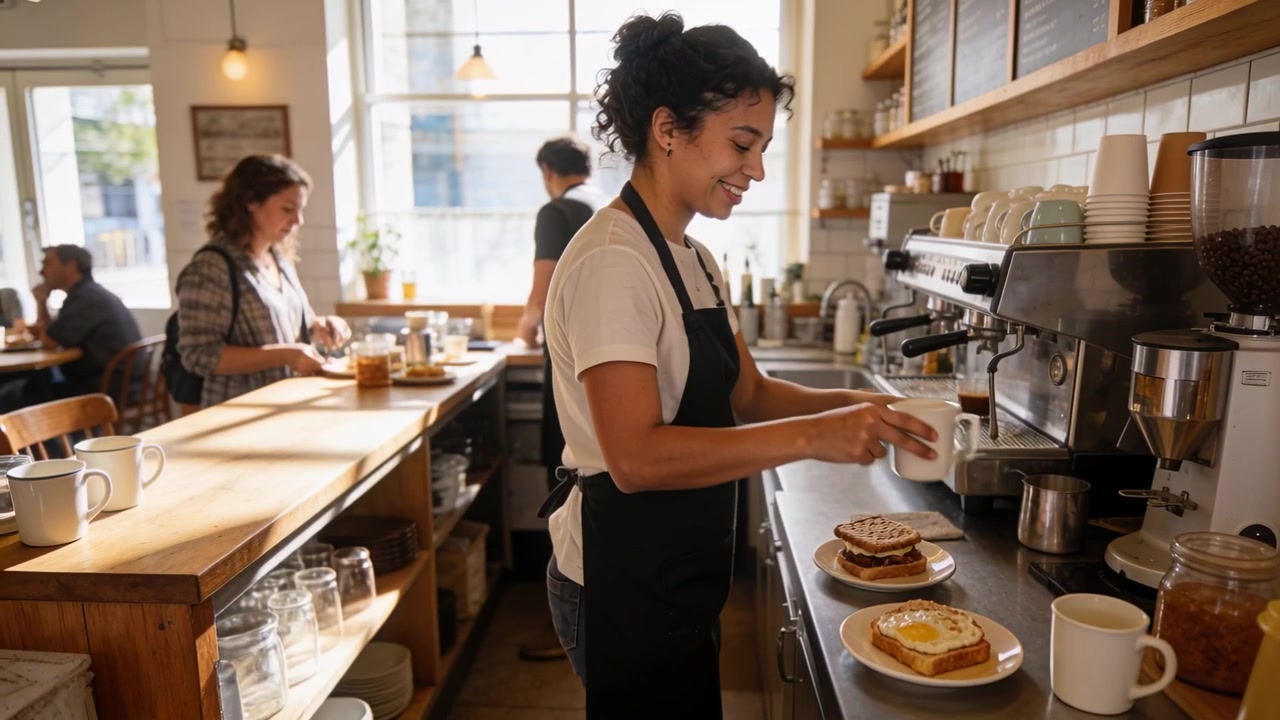 Kunder nærmer sig barista i hvid T-shirt og sort forklæde, der arrangerer tallerkener og krus ved cafébaren til afhentning
