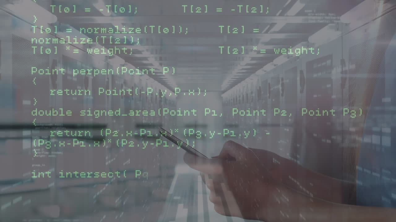 Animation of data processing over caucasian woman using smartphone against computer server room