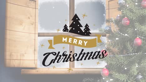 Animation-of-merry-christmas-text-over-christmas-tree-and-winter-snowy-window