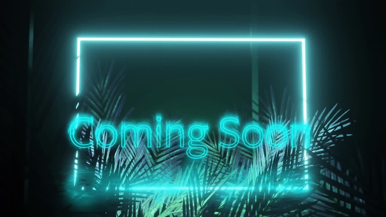 블루 네온으로 검은색 배경에 잎 위에 텍스트와 직사각형 프레임