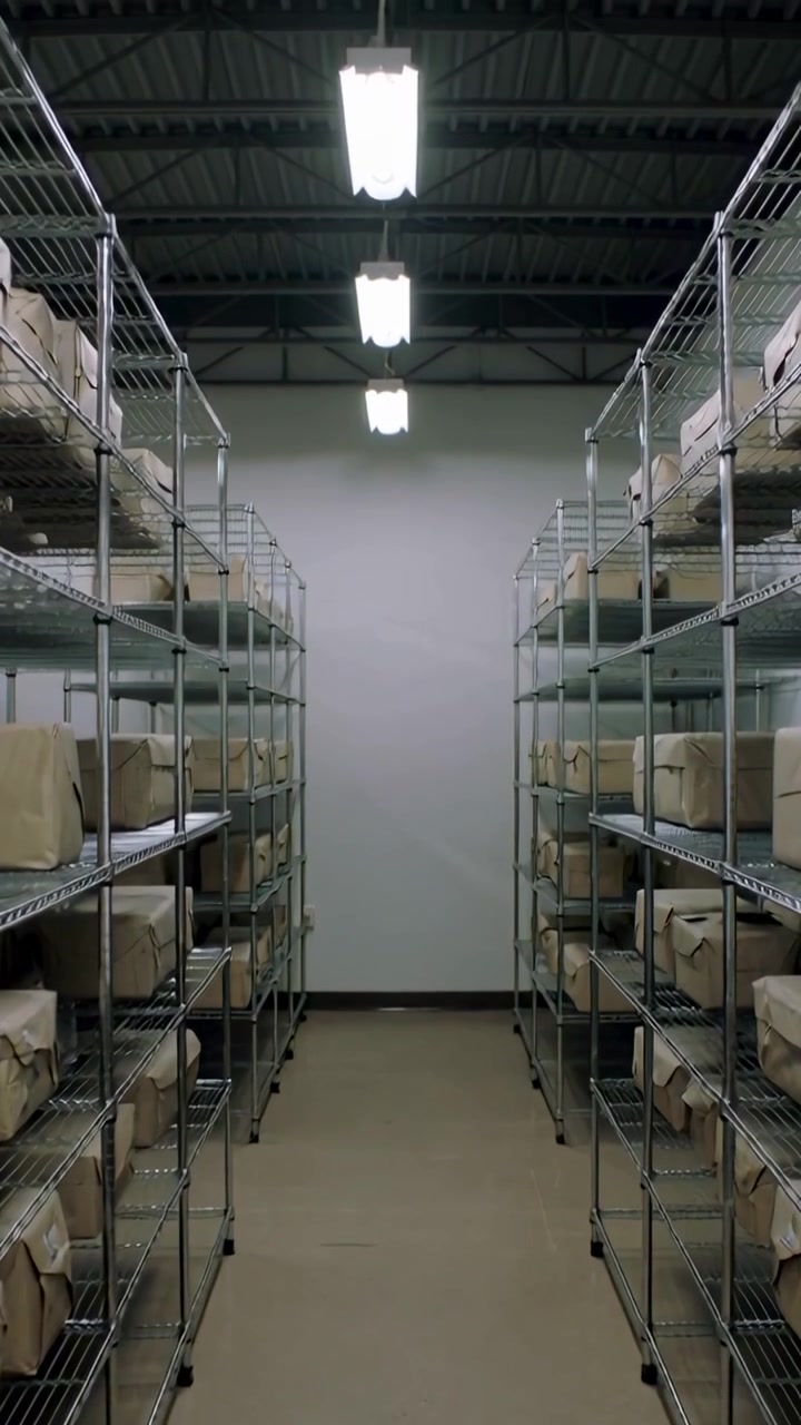 Vertical video: Pulling back camera from low-angle clipboard, revealing packages in storage room