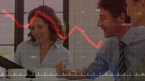 animation of statistics with red line and numbers over caucasian business people