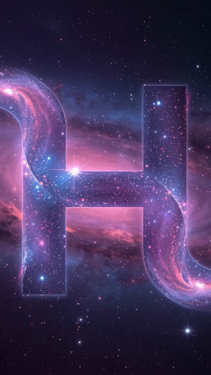 Vertical video: Displaying glowing cosmic letter H swirling pink purple nebula in deep outer space