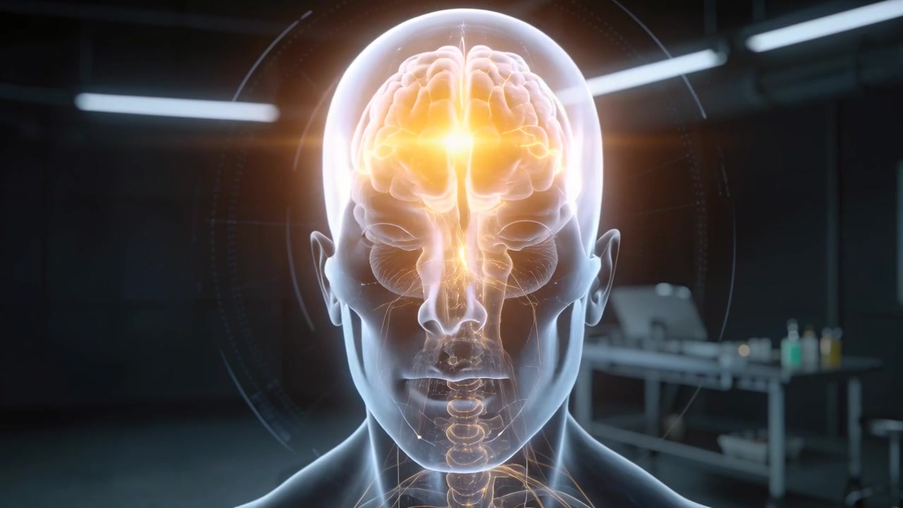 Simulating clear head model showing pulsing neural paths brainstem and spine in lab for research