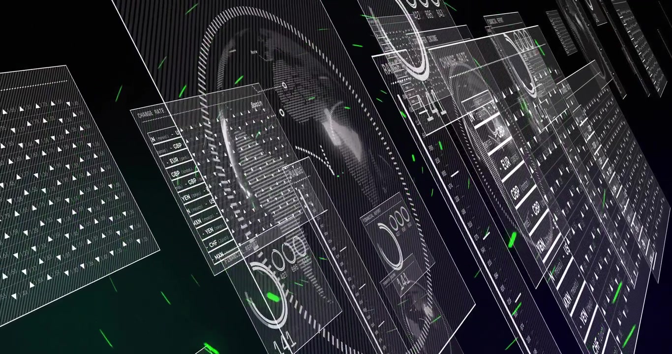 Sliding data panels entering from right, circling globe with dashed ring, updating currency gauges