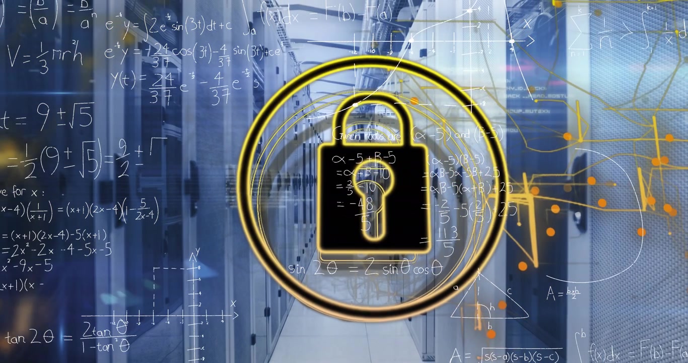 Animation of security padlock icon, yellow light trails, mathematical equations against server room