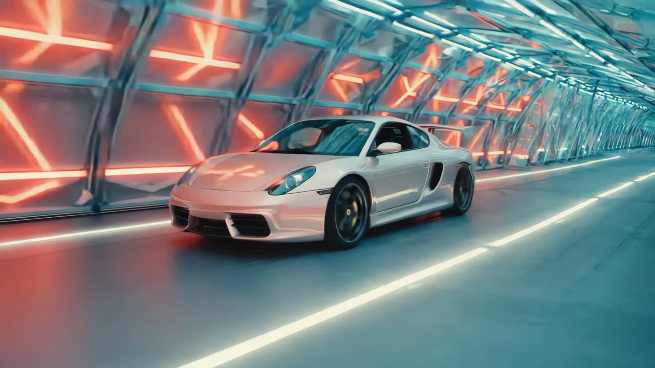 Silver Sports Car in a Futuristic Neon-Lit Tunnel