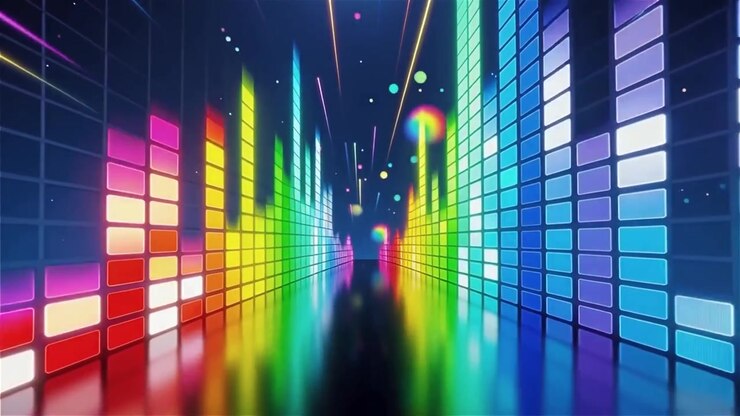 Futuristisk regnbuefarvet neon musik equalizer visualisering baggrund.
