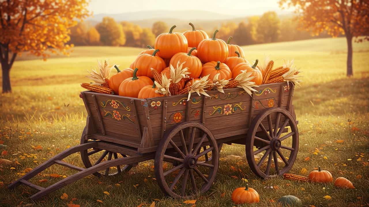 A Vibrant Autumn Scene Featuring a Rustic Wooden Cart Overflowing with Plump Orange Pumpkins and Golden Corn Amidst a Colorful Fall Landscape